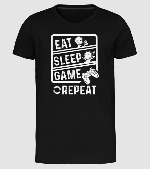 Eat sleep game repeat model negru pe tricou