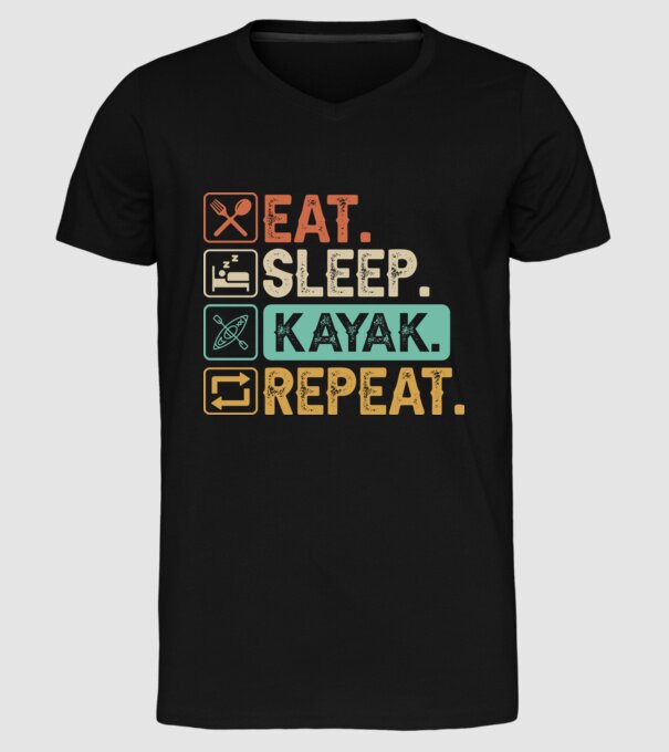 Eat Sleep Kayak model negru pe tricou