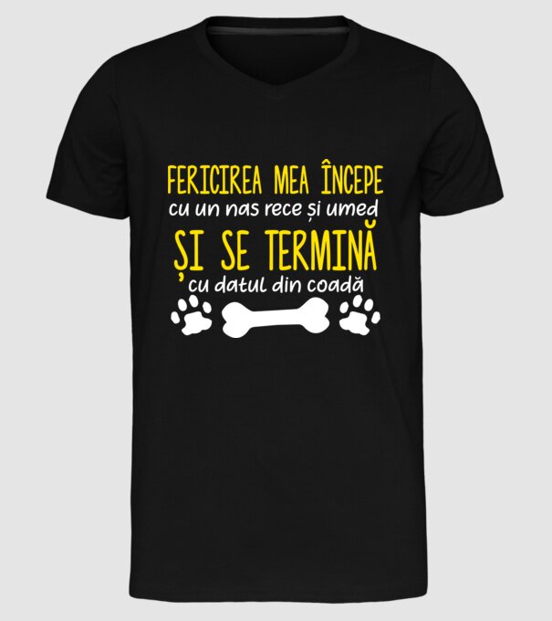 fericirea mea începe cu un nas rece și umed și se termină cu datul din coadă model negru pe tricou