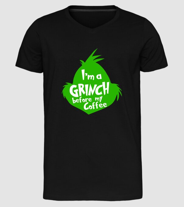 Grinch before coffee model negru pe tricou