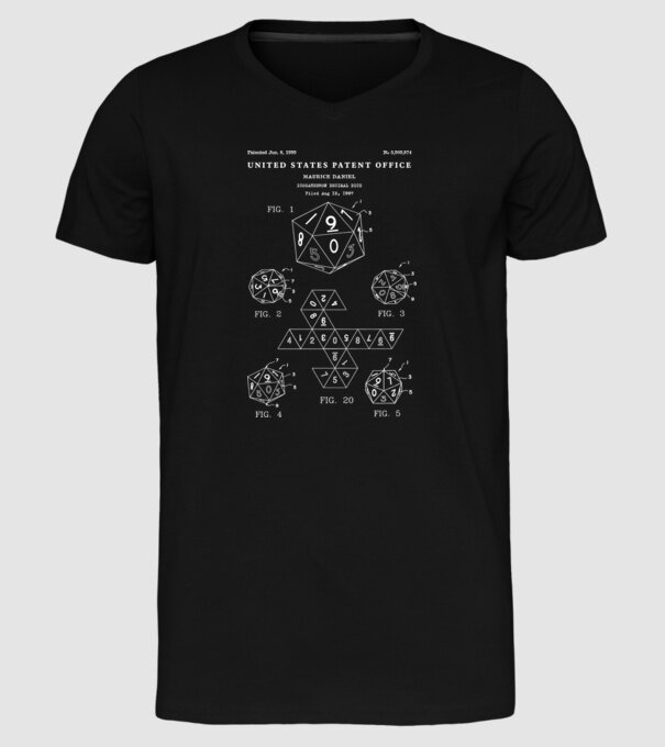 Icosahedron decimal dice patent model negru pe tricou