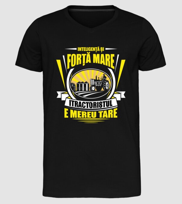 Inteligență și forță mare, tractoristul e mereu tare model negru pe tricou