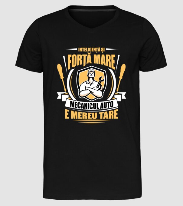 Inteligență și forță mare, mecanicul auto e mereu tare model negru pe tricou