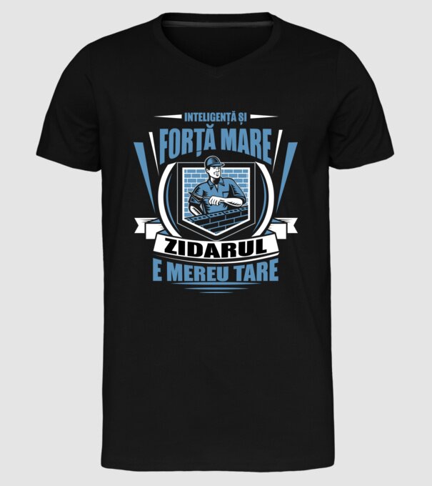 Inteligență și forță mare, zidarul e mereu tare model negru pe tricou
