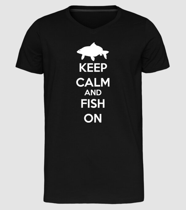 Keep calm and fish on model negru pe tricou