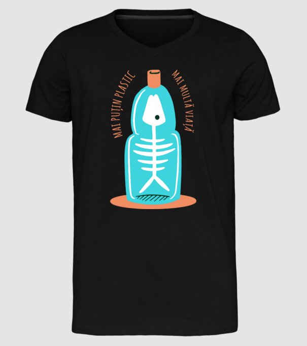 mai puțin plastic, mai multă viață model negru pe tricou