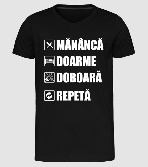 mănâncă doarme doarme doboară repetă model negru pe tricou