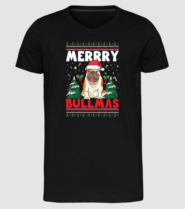 Merry bullmas ugly sweater model negru pe tricou
