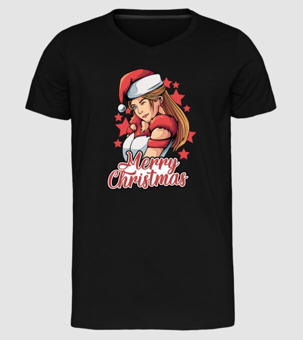 Merry christmas santa girl model negru pe tricou