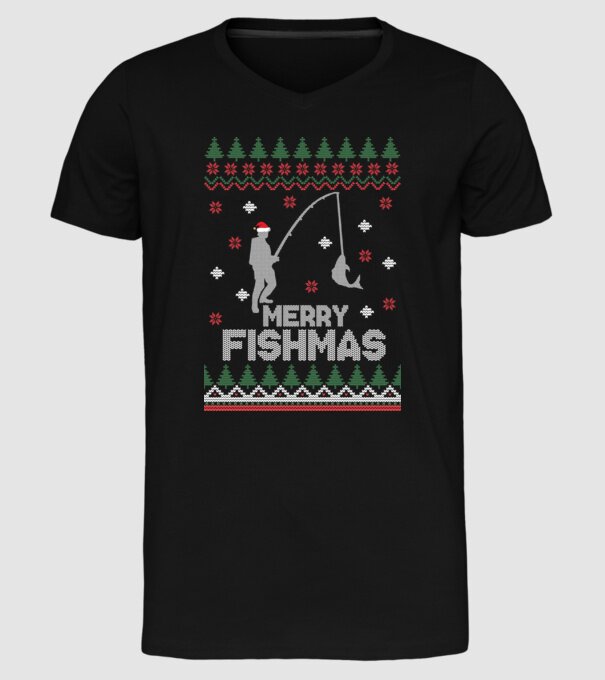 Merry Fishmas model negru pe tricou
