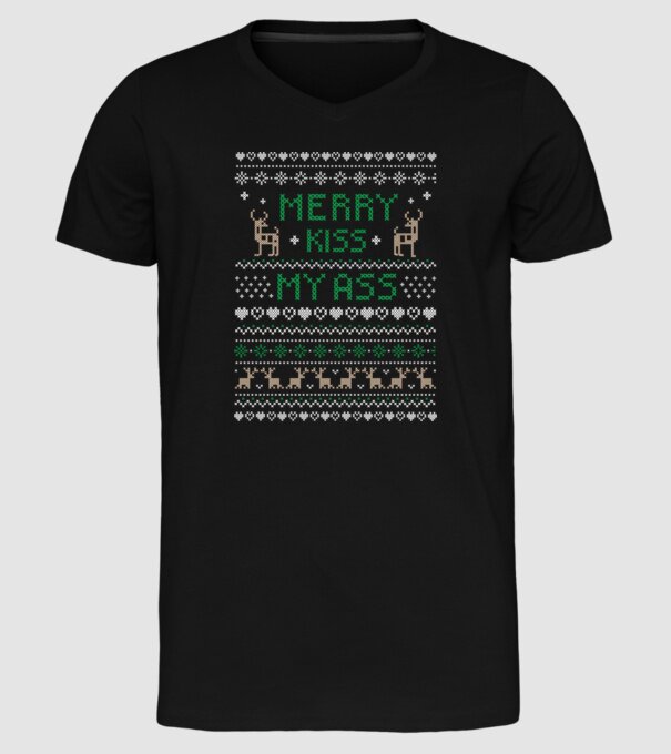 Merry kiss my ass ugly sweater model negru pe tricou