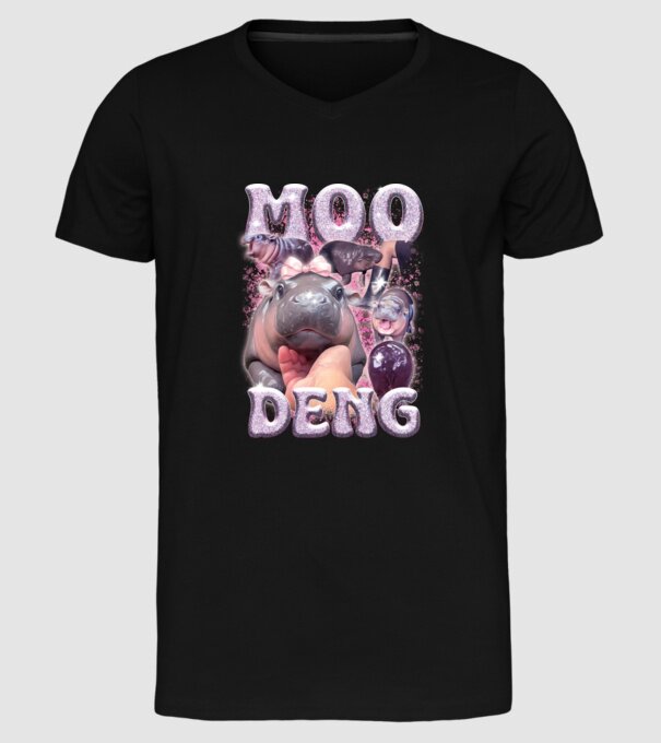 MOO DENG baby hippo model negru pe tricou
