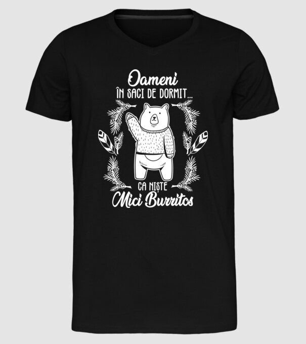 oameni în saci de dormit... ca niște mici burritos model negru pe tricou