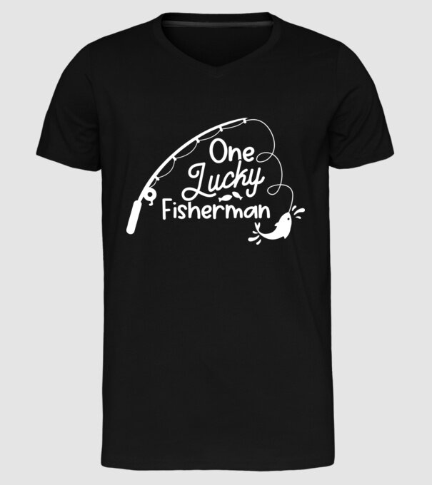 One lucky Fisherman model negru pe tricou
