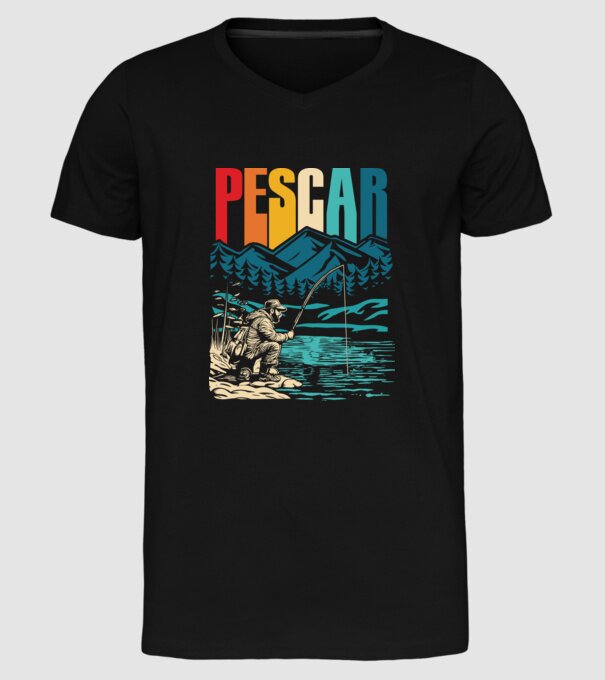 Pescar retro model negru pe tricou