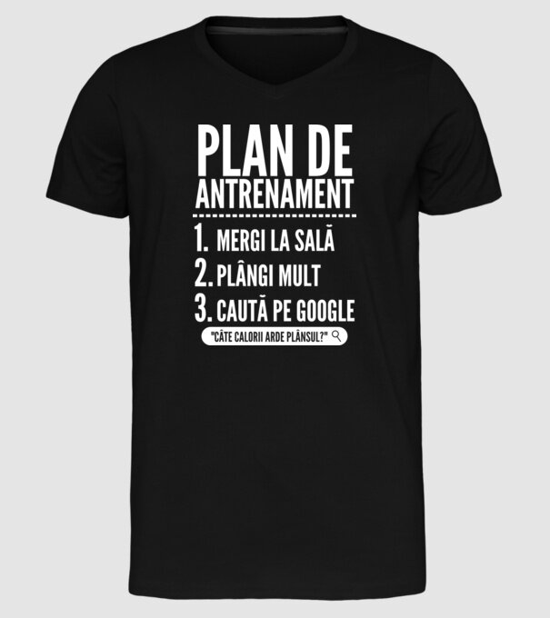 plan de antrenament mergi la sală, plângi mult, caută pe Google x model negru pe tricou