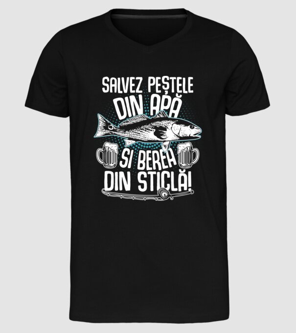 salvez peștele din apă și berea din sticlă model negru pe tricou