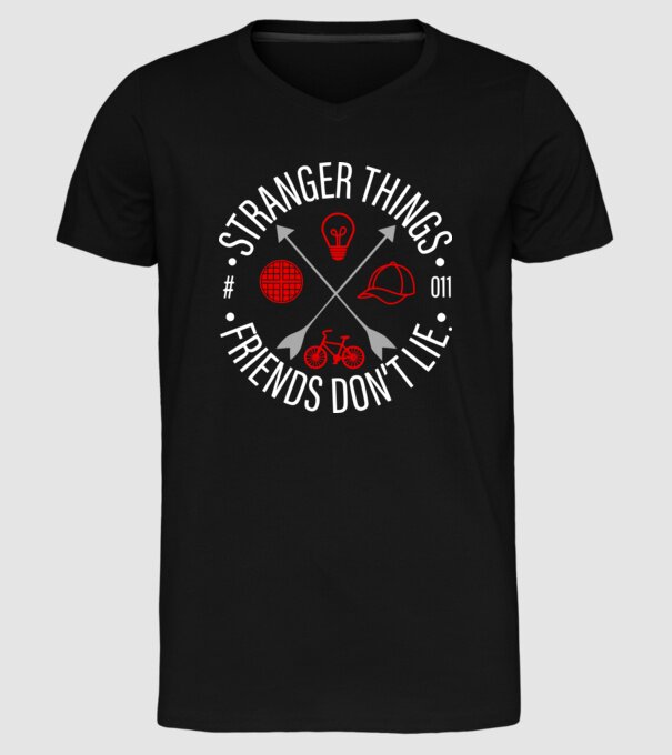 stranger things friends dont lie model negru pe tricou