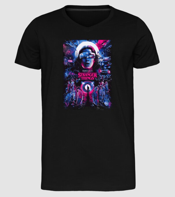 stranger things poster neon model negru pe tricou