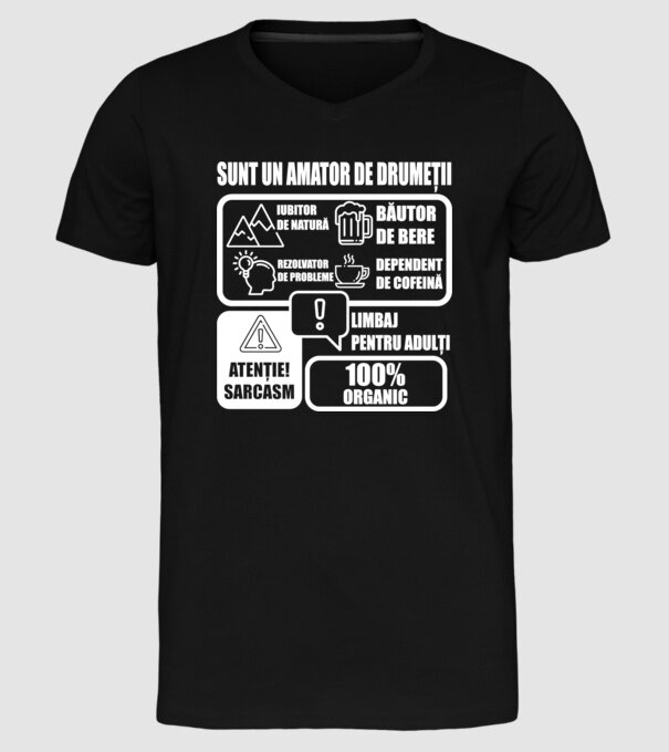 sunt un amator de drumeții - iubitor de natură - rezolvator de probleme - băutor de bere - dependent de cofeină - limbaj pentru model negru pe tricou