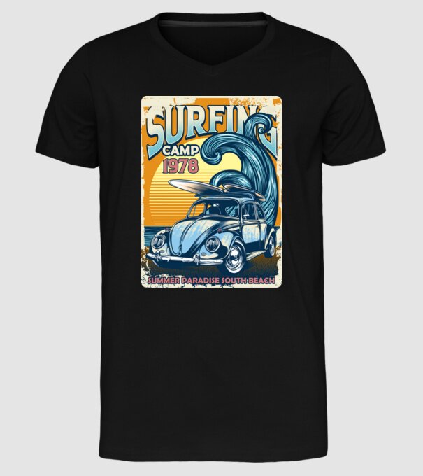 Surfer Camp model negru pe tricou