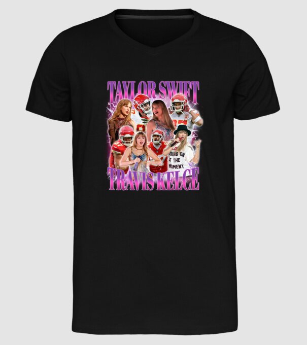 Taylor Swift ERAS Travis Kelce bootleg model negru pe tricou