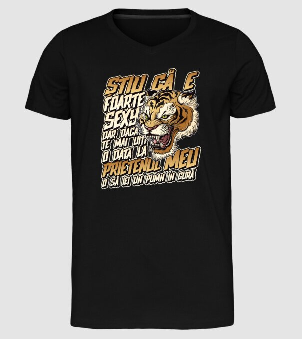 Știu că e foarte sexy, dar dacă te mai uiți o dată la prietenul meu, o să iei un pumn în gură model negru pe tricou
