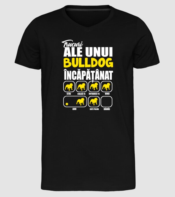 trucuri ale unui bulldog englezesc încăpățânat stai, culcă-te, întoarce-te, vino, adu, bate palma, rămâi model negru pe tricou