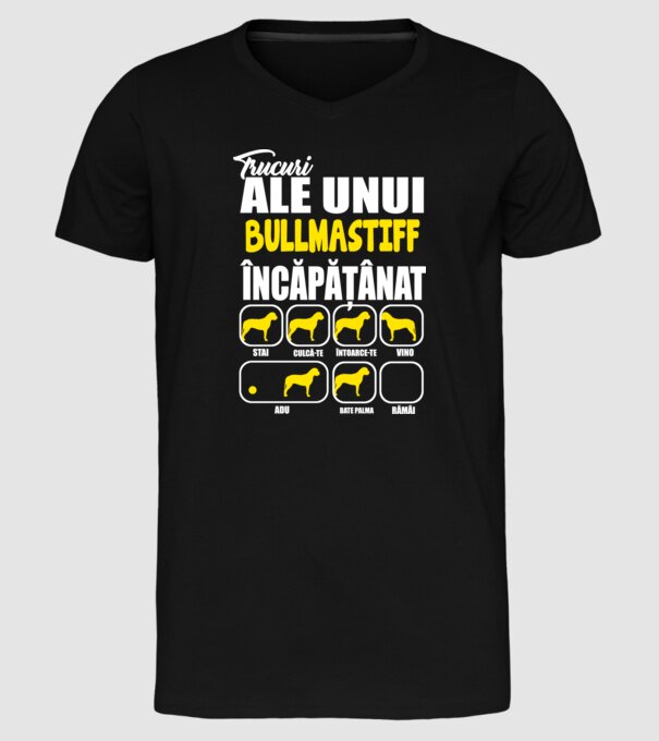 trucuri ale unui bullmastiff încăpățânat stai, culcă-te, întoarce-te, vino, adu, bate palma, rămâi model negru pe tricou