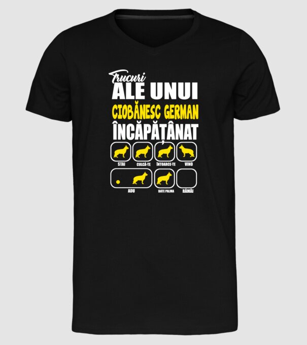 trucuri ale unui ciobănesc german încăpățânat stai, culcă-te, întoarce-te, vino, adu, bate palma, rămâi model negru pe tricou