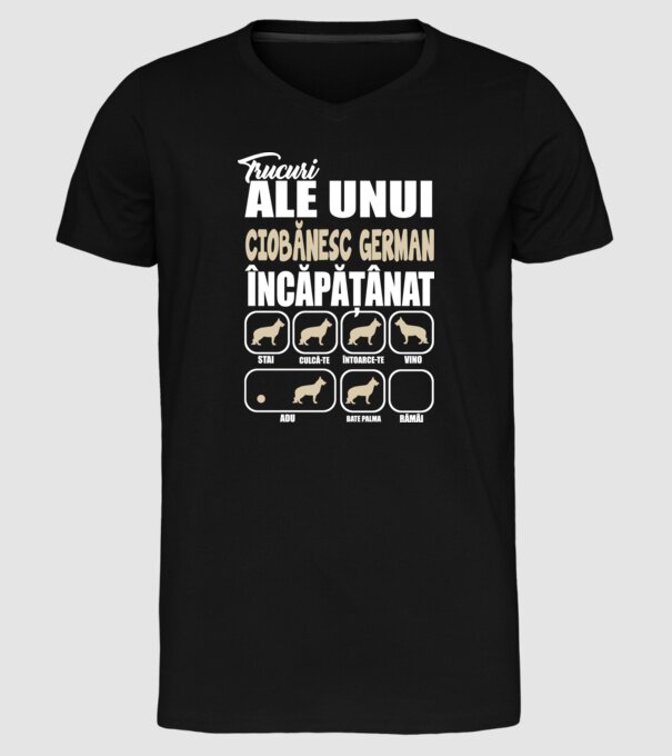 trucuri ale unui ciobănesc german încăpățânat stai, culcă-te, întoarce-te, vino, adu, bate palma, rămâi model negru pe tricou