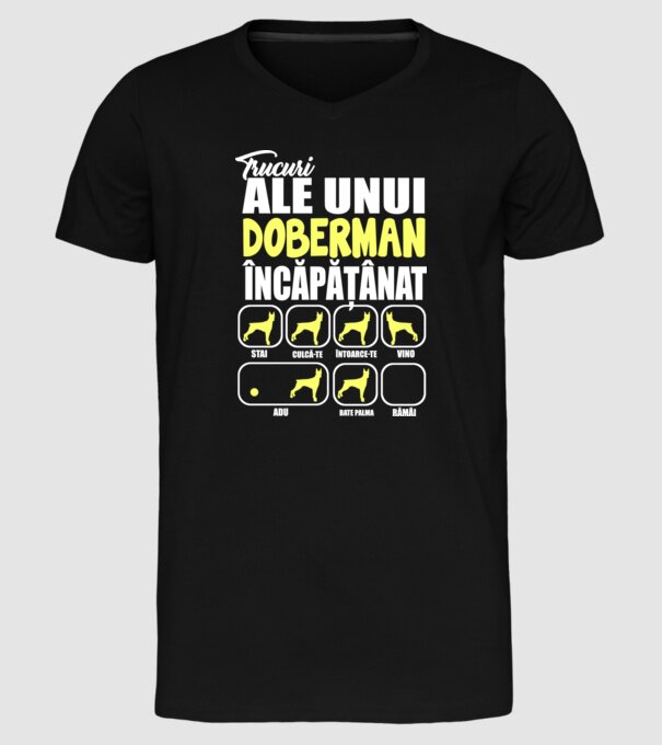 trucuri ale unui doberman încăpățânat stai, culcă-te, întoarce-te, vino, adu, bate palma, rămâi model negru pe tricou