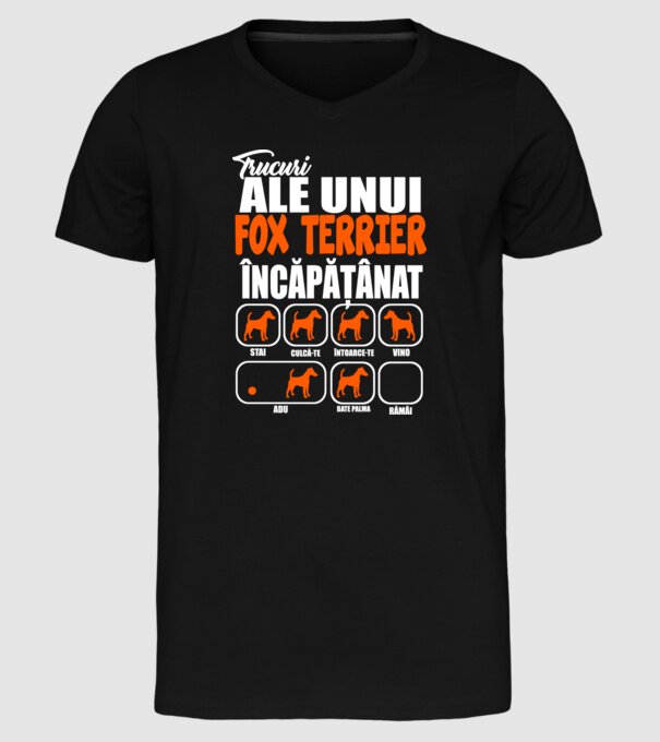 trucuri ale unui fox terrier încăpățânat stai, culcă-te, întoarce-te, vino, adu, bate palma, rămâi model negru pe tricou