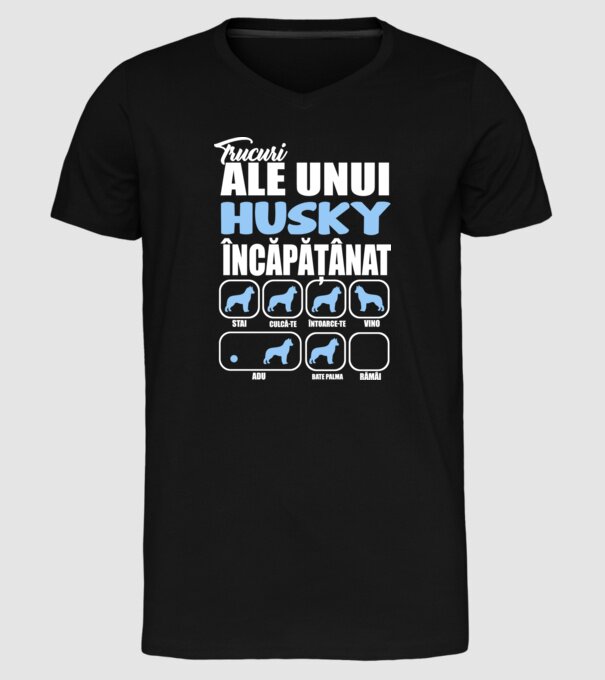 trucuri ale unui husky încăpățânat stai, culcă-te, întoarce-te, vino, adu, bate palma, rămâi model negru pe tricou
