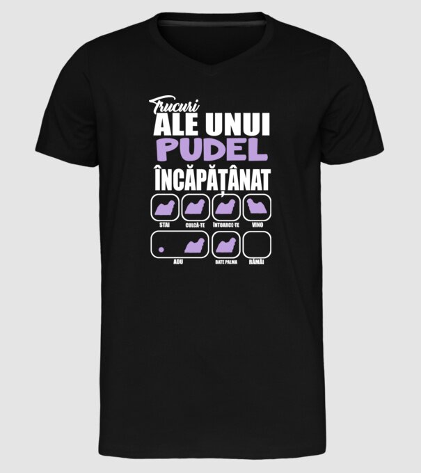 trucuri ale unui pudel încăpățânat stai, culcă-te, întoarce-te, vino, adu, bate palma, rămâi model negru pe tricou