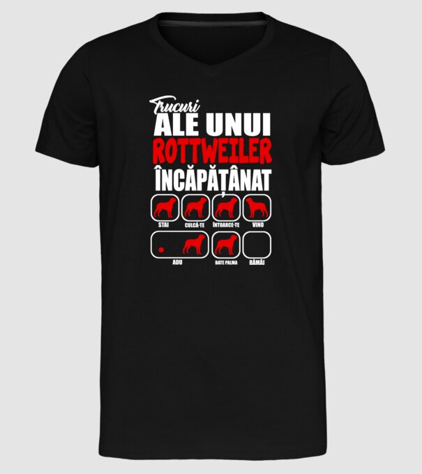 Trucuri ale unui rottweiler încăpățânat stai, culcă-te, întoarce-te, vino, adu, bate palma, rămâi model negru pe tricou