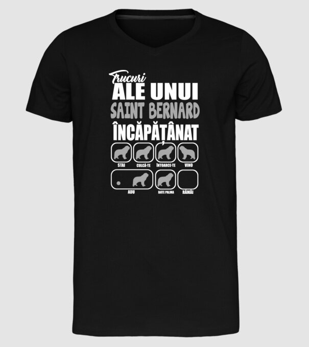 trucuri ale unui Saint Bernard încăpățânat stai, culcă-te, întoarce-te, vino, adu, bate palma, rămâi model negru pe tricou