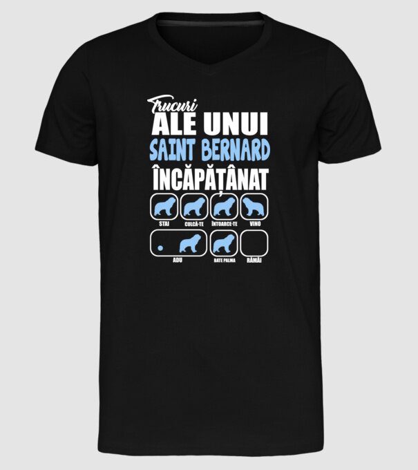 trucuri ale unui Saint Bernard încăpățânat stai, culcă-te, întoarce-te, vino, adu, bate palma, rămâi model negru pe tricou
