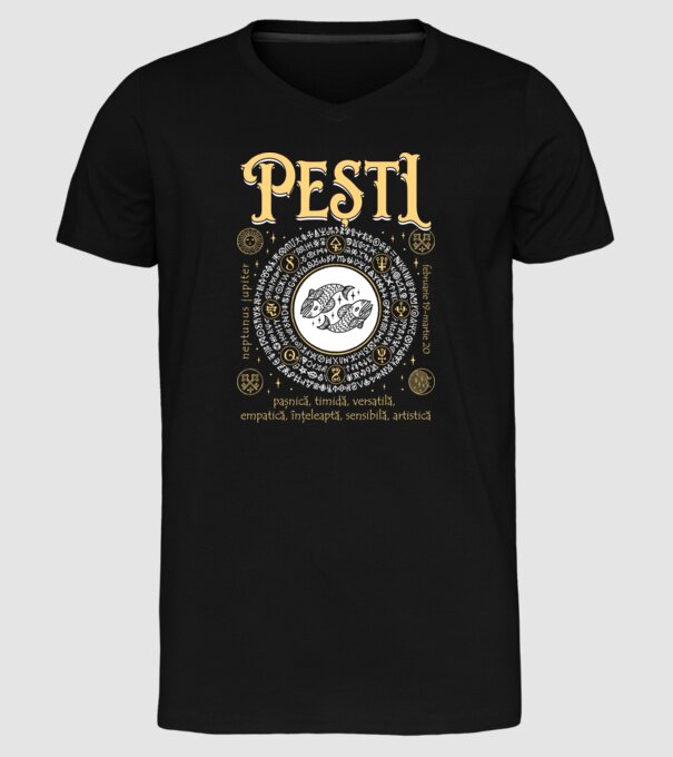 Zodiac femeie PEȘTI golden model negru pe tricou