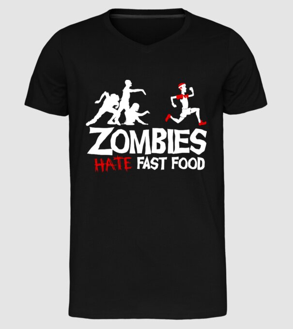 Zombies Hate Fast Food model negru pe tricou