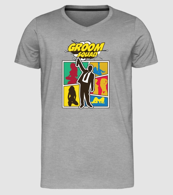 Comic Groom Squad model gri pe tricou