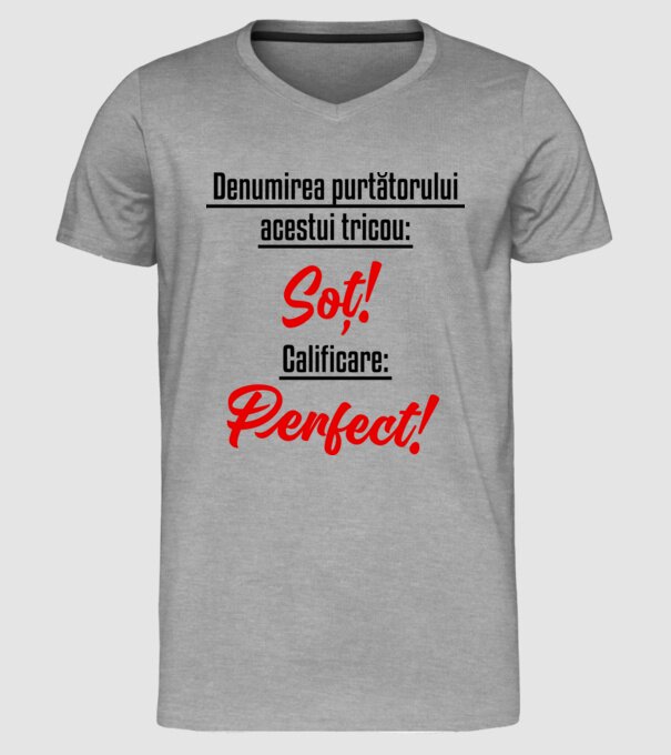 Denumirea purtătorului acestui tricou: Soț! Calificare: Perfect! model gri pe tricou