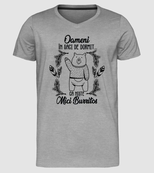 oameni în saci de dormit... ca niște mici burritos model gri pe tricou