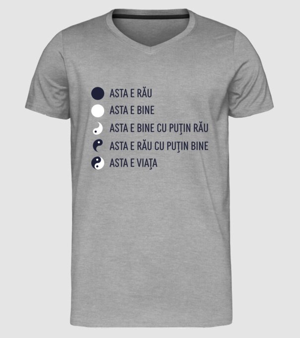 asta e rău, asta e bine, asta e bine cu puțin rău, asta e rău cu puțin bine, asta e viața model gri pe tricou