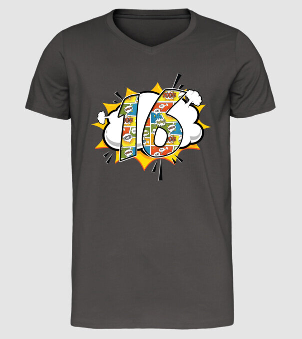 Birthday Comic Number 16 model gri închis pe tricou