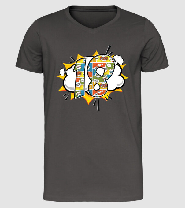 Birthday Comic Number 18 model gri închis pe tricou