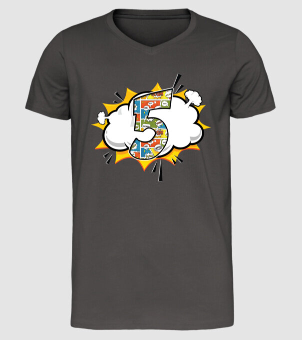 Birthday Comic Number 5 model gri închis pe tricou