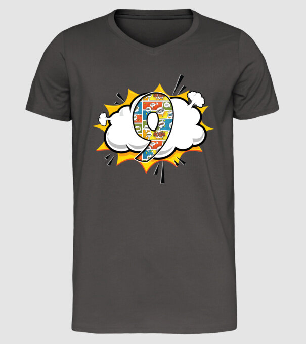 Birthday Comic Number 9 model gri închis pe tricou