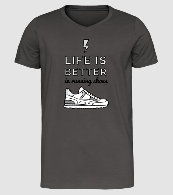 Life is better running shoes model gri închis pe tricou