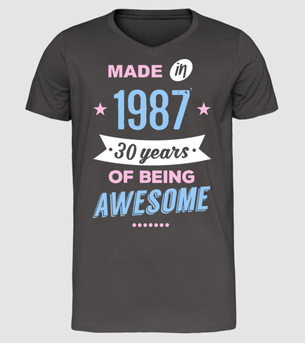 Made in - 1987 model gri închis pe tricou